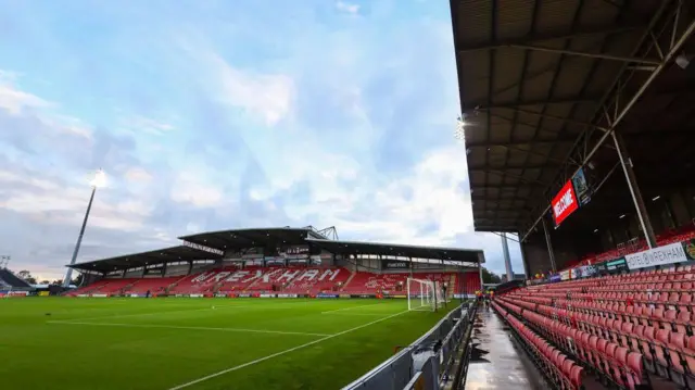 A general view of Wrexham's Stok Racecourse home, looking at the Mold Road stand