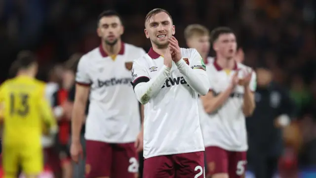 West Ham United's Jarrod Bowen applauds the fans at full-time after the draw at Bournemouth