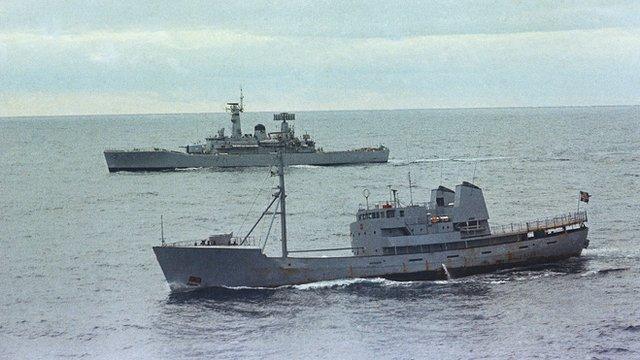 An Icelandic Gunboat and British Frigate near the Icelandic coastline