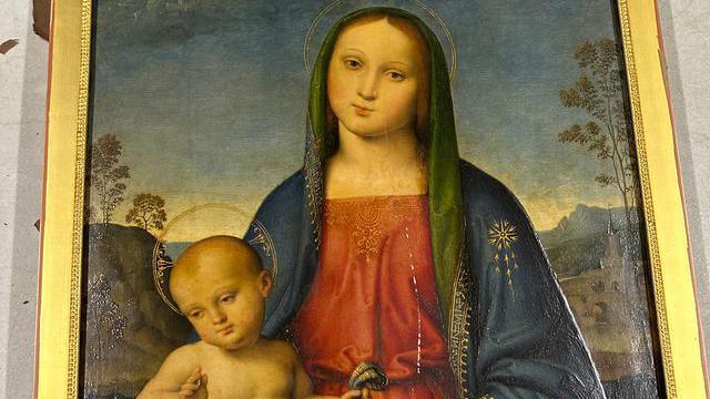 A Renaissance painting of a woman sitting down with a baby on her knee, who is also facing forwards 