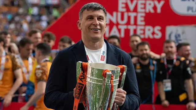 Sergej Jakirovic manager of Hull City with the Sky Bet Championship Play Off Final trophy after being promoted to the Premier League.

