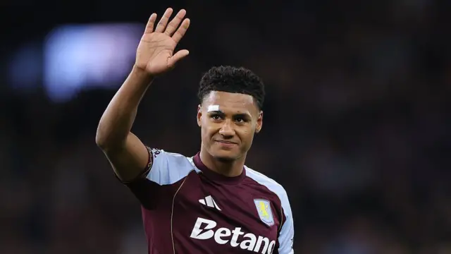 Ollie Watkins of Aston Villa acknowledges the home support after the Premier League match between Aston Villa and Liverpool.