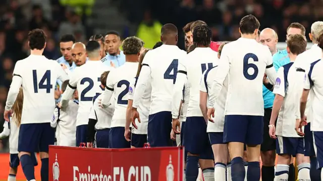 An image showing the backs of Tottenham players in their 1901 anniversary shirts without names as they shake hands with the opposition and officials before match
