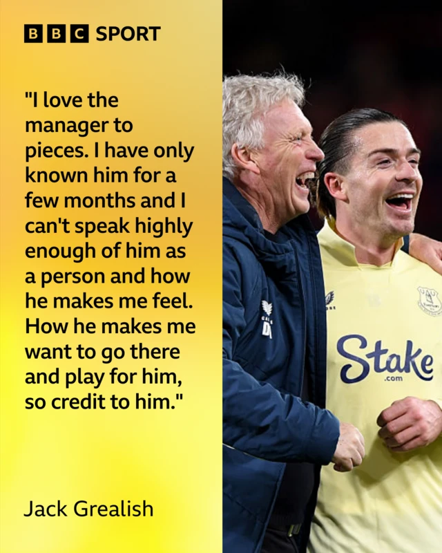 Jack  Grealish quote graphic reads:
"I love the manager to pieces. I have only known him for a few months and I can't speak highly enough of him as a person and how he makes me feel. How he makes me want to go there and play for him, so credit to him."