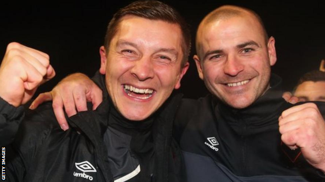 Salford City were in the Northern Premier League Premier Division when joint managers Anthony Johnson (left) and Bernard Morley steered them to an FA Cup victory over League Two Notts County in 2015