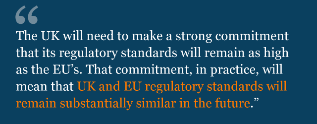 Text from Theresa May speech saying: The UK will need to make a strong commitment that its regulatory standards will remain as high as the EU's. That commitment, in practice, will mean that UK and EU regulatory standards will remain substantially similar in the future.