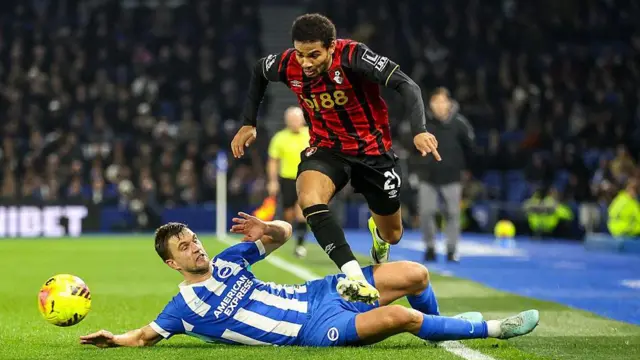 Joël Veltman of Brighton & Hove Albion and Amine Adli of Bournemouth during the Premier League match between Brighton & Hove Albion and Bournemouth at Amex Stadium on January 19, 2026 