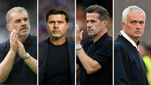A split image of Ange Postecoglou, Mauricio Pochettino, Marco Silva and Jose Mourinho