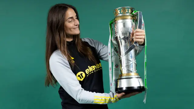 Celtic manager Elena Sadiku with SWPL trophy