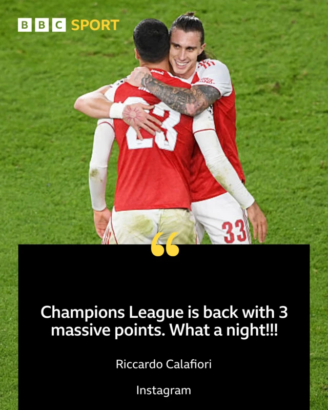 Riccardo Calafiori graphic with his Instagram caption; 'Champions League is back with 3 massive points. What a night!!!'