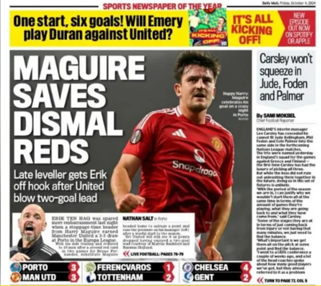 Mail back page: 'Maguire saves dismal Reds'