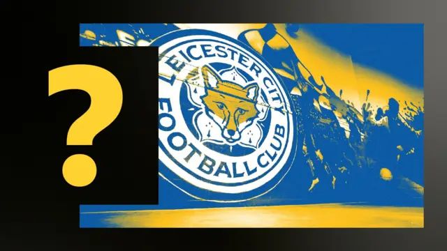 A yellow question mark on a background overlays an image of Leicester City's badge.