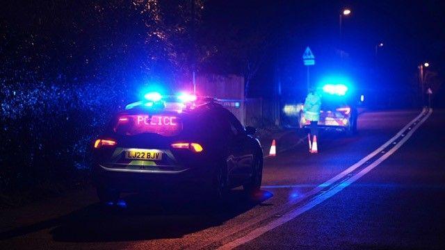 A picture of two police cars at the scene of a stabbing in Pulborough Road, Cootham, near Storrington, on the evening of Thursday, 16 January. A police officer can be seen at the boot of the furthest car forward.