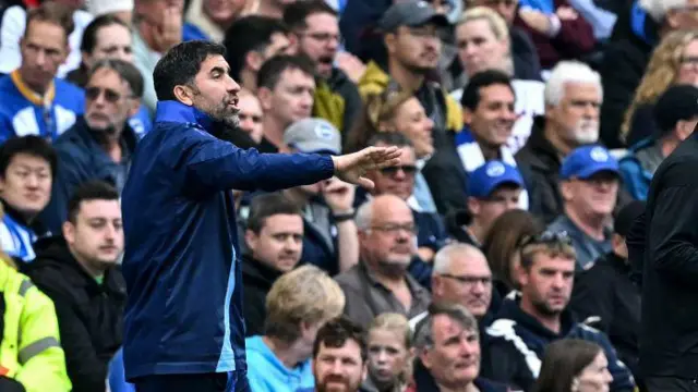 Nottingham Forest's Portuguese assistant Manager Rui Pedro Silva (L) and Brighton's German assistant Manager Jonas Scheuermann shout instructions to the players from the touchline during the English Premier League football match between Brighton and Hove Albion and Nottingham Forest