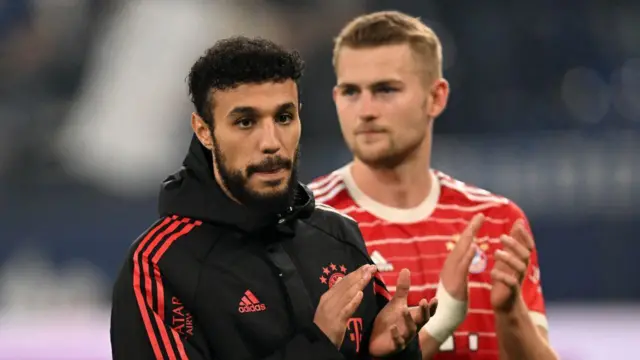 Matthijs de Ligt of FC Bayern München looks on with his team mate Noussair Mazraoui