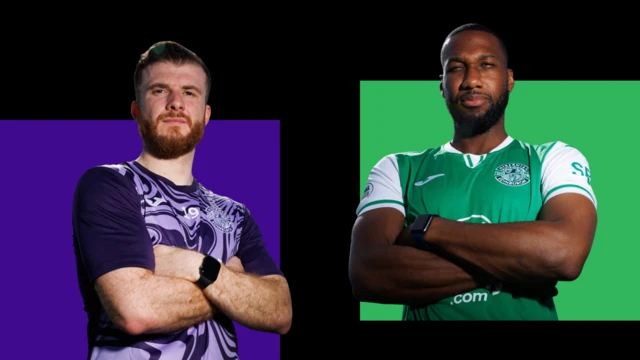 BBC graphic featuring images of new Hibernian signings Nicky Cadden and Junior Hoilett being unveiled at the Hibernian Training Centre, on August 06, 2024, in Edinburgh, Scotland.