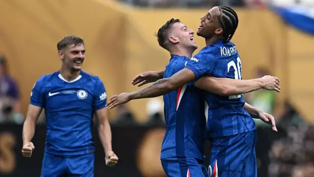 Liam Delap and Joao Pedro celebrate a Chelsea goal