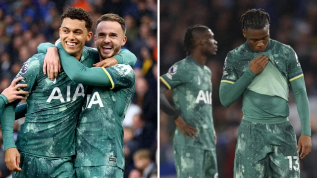 Left image: Brennan Johnson of Tottenham Hotspur celebrates scoring his team's first goal with teammates James Maddison and Timo Werner.
Right image: Dejection for Tottenham Hotspur's Destiny Udogie during the Premier League match between Brighton & Hove Albion FC and Tottenham Hotspur FC at Amex Stadium.