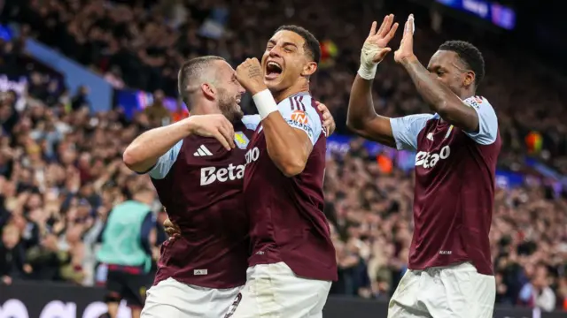 Aston Villa celebrate a goal against Bologna in the Champions League