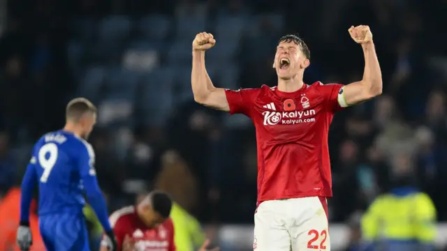 Ryan Yates of Nottingham Forest celebrates victory during the Premier League match between Leicester City and Nottingham Forest at King Power Stadium