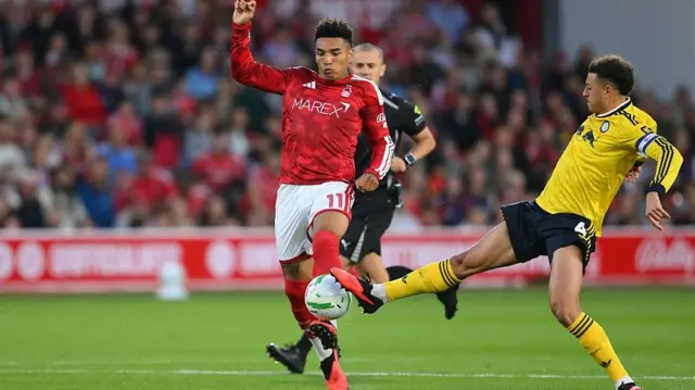 Ethan Ampadu of Leeds United tackles Igor Jesus of Nottingham Forest
