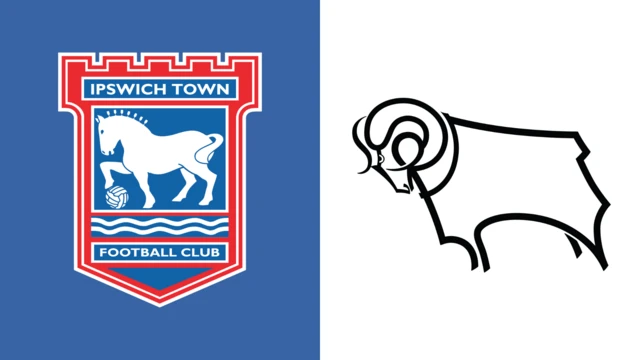 Side-by-side of Ipswich Town and Derby County club badges