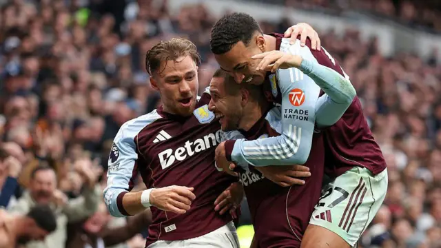 Matty Cash, Emi Buendia and Morgan Rogers celebrate Aston Villa goal against Tottenham