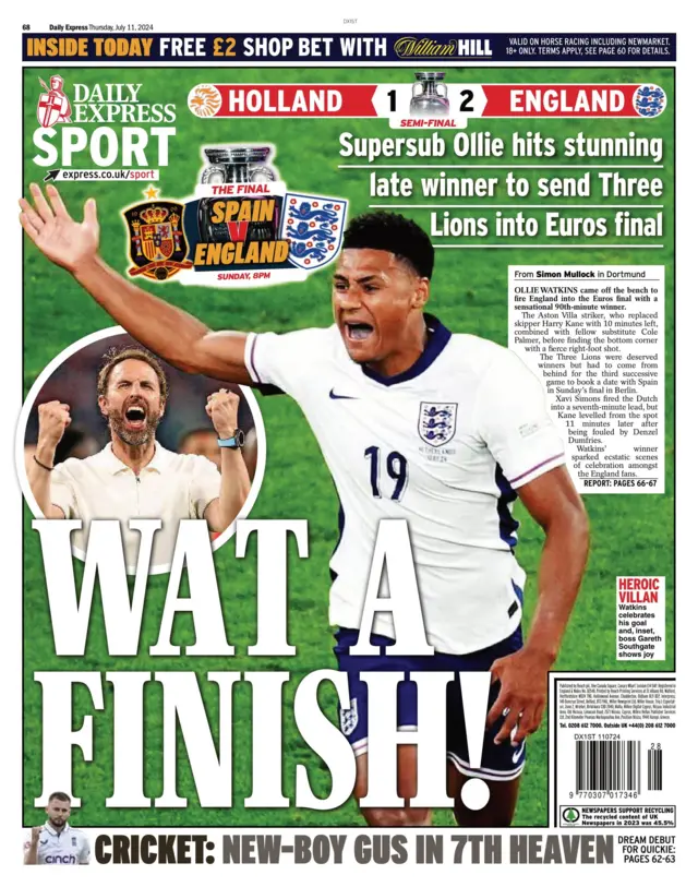 Wat a Finish reads the back page of the Daily Express Sport