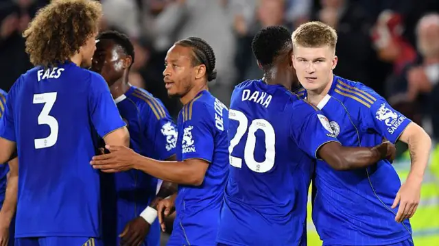 Leicester players celebrate Jordan James' goal against Wrexham in midweek