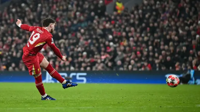 Harvey Elliott scoring for Liverpool against Lille