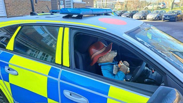 The Paddington Bear statue in the driver's seat of a police car.