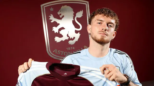 Harvey Elliott poses for a picture with Aston Villa shirt after signing