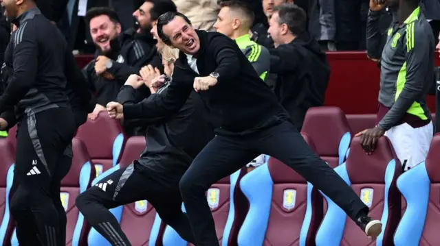 Unai Emery, Manager of Aston Villa, celebrates after Ezri Konsa of Aston Villa (not pictured) scores his team's second goal during the Premier League match between Aston Villa FC and Wolverhampton Wanderers FC at Villa Park