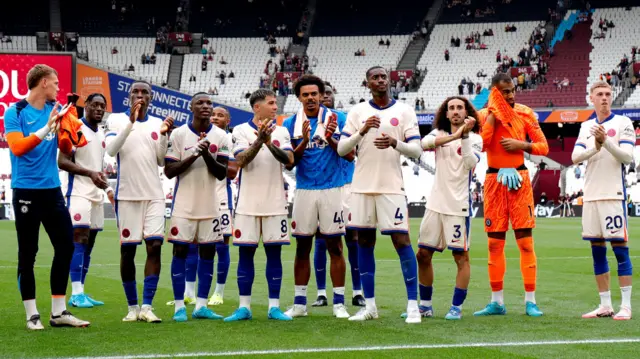 Chelsea players applaud their supporters after beating West Ham in the Premier League