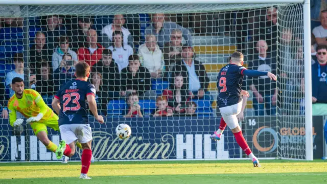 DINGWALL, SCOTLAND - AUGUTS 31: Ross County's Ronan Hale has a penalty saved by Aberdeen's Dimitar Mitov during a William Hill Premiership match between Ross County and Aberdeen at the Global Energy Stadium, on August 31, 2024, in Dingwall, Scotland. 