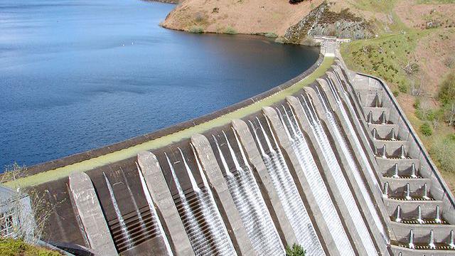 An aerial view of Llyn Clweddog Dam, Llanidloes.