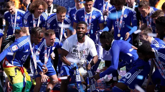 Kelechi Iheanacho of Leicester City with the trophy during the Sky Bet Championship match between Leicester City and Blackburn Rovers at The King Power Stadium