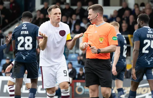 Lawrence Shankland protests to referee Grant Irvine 