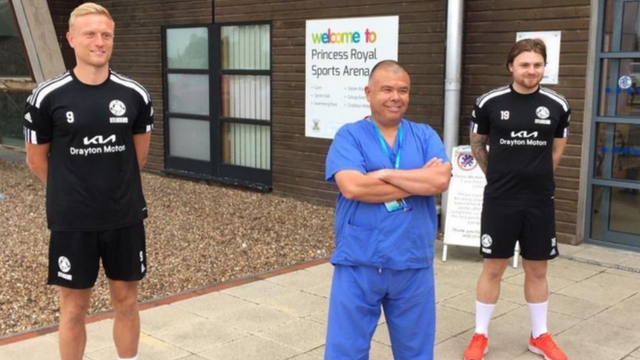 Professor Jonathan Van-Tam delivered vaccinated Boston United strikers Jordan Burrow (left) and Jordan Preston (right)