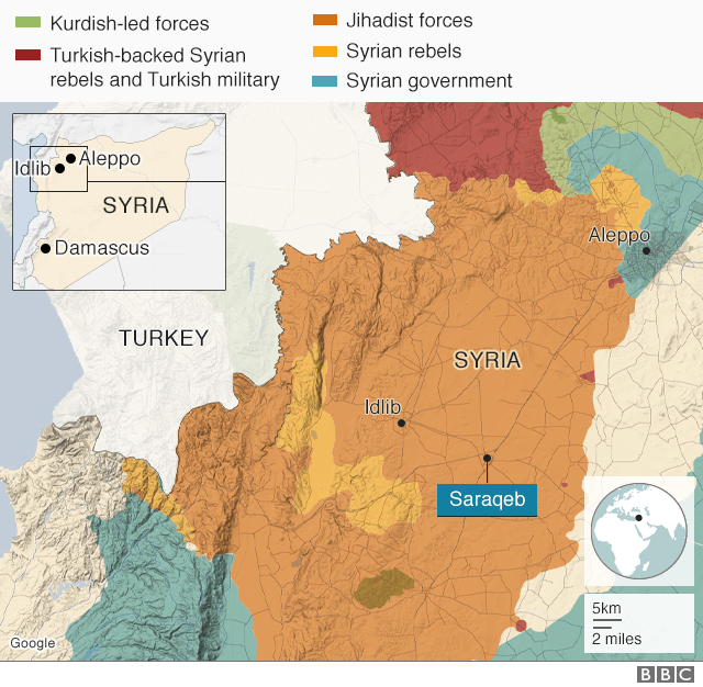 Map of Syria showing Idlib and Saraqeb