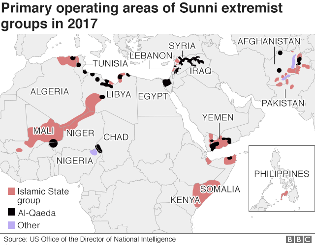 Map showing global reach of IS and Al-Qaeda