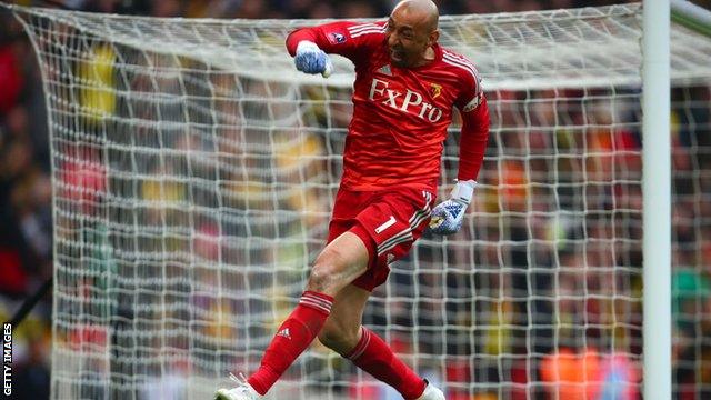 Heurelho Gomes celebrates Watford's winning goal in extra-time