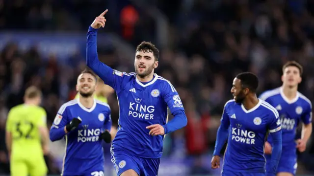 Tom Cannon of Leicester City celebrates after scoring to make it 1-0 during the Sky Bet Championship match between Leicester City and Huddersfield Town