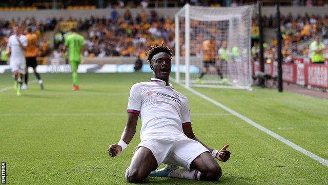 Chelsea striker Tammy Abraham celebrates scoring a goal against Wolves