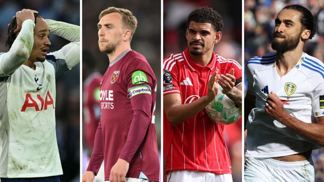 A split graphic showing Xavi Simons of Tottenham, Jarrod Bowen of West Ham, Morgan Gibbs-White of Nottingham Forest and Dominic Calvert-Lewin of Leeds United