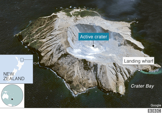 An image of the island, its crater and landing wharf