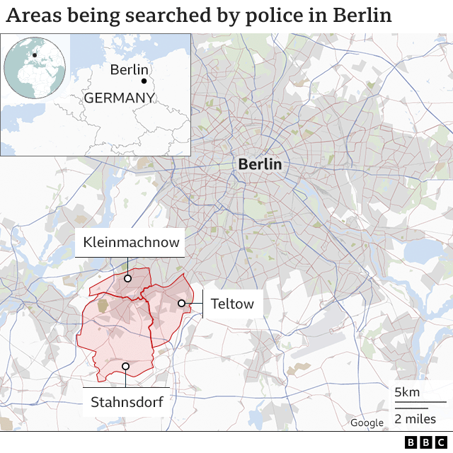 Map showing the neighbourhoods of Kleinmachnow, Stahnsdorf and Teltow on the outskirts of Berlin, Germany