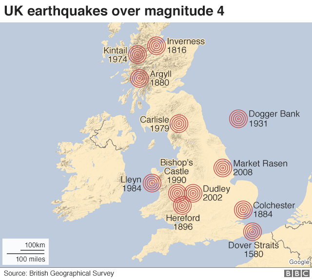 Map showing UK earthquakes