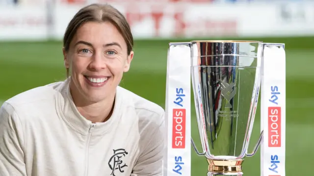 Rangers' Nicola Docherty with the Sky Sports Cup trophy during a press conference ahead of the Sky Sports Cup Final at Fir Park