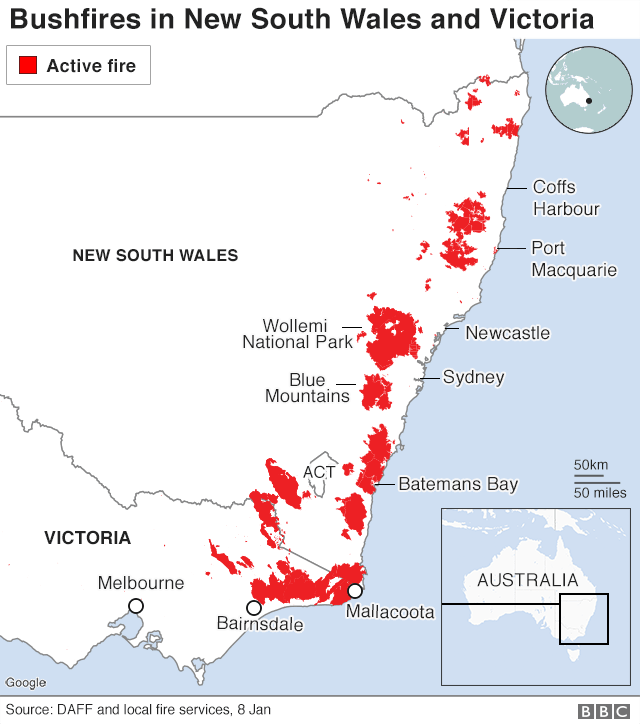 Map: Active fires, 8 Jan 2020